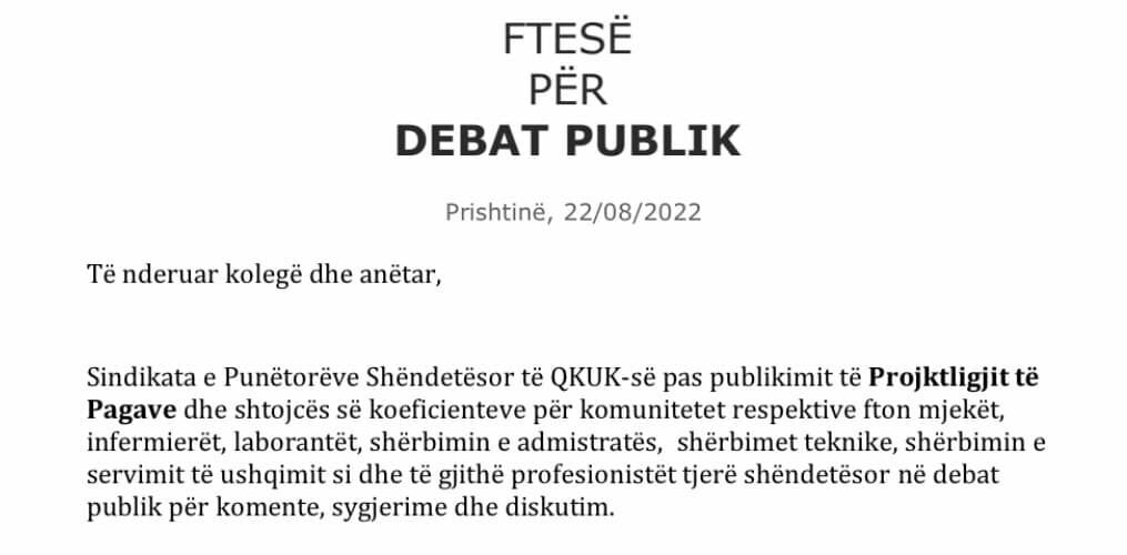 Shoqata Sindikale e Punëtorëve Shëndetësor të QKUK-së i bëri ftesë personelit shëndetësorë për debat publik