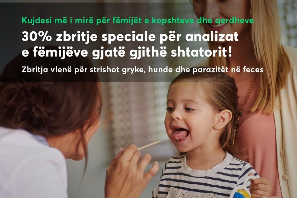 Pinea Medical Center ofron një zbritje speciale prej 30% për fëmijët në analizat e strishos së grykës, hundës dhe parazitëve në feces