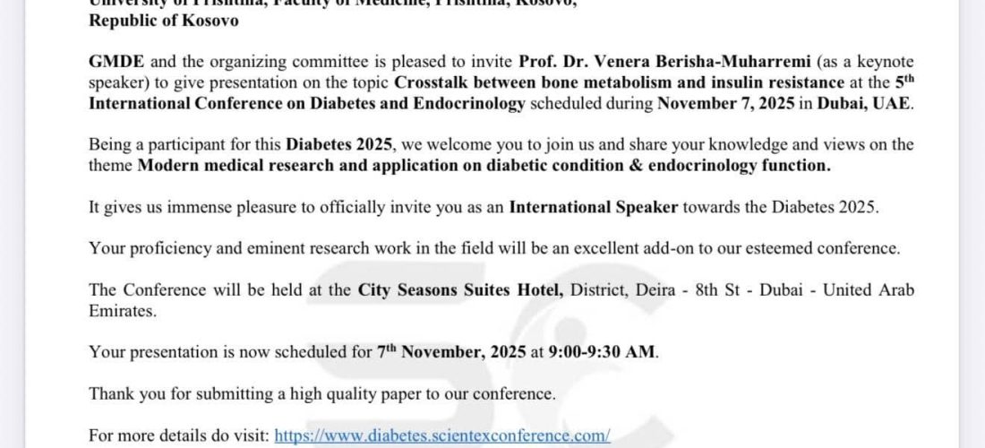 Internistja–endokrinologia–diabetologia, Venera Berisha Muharremi do të prezantojë në Kongresin Botëror të Diabetit dhe Endokrinologjisë – Dubai 2025